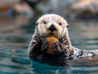 Cute Sea Otter Floating on Its Back and Holding a Sea Urchin in the Ocean