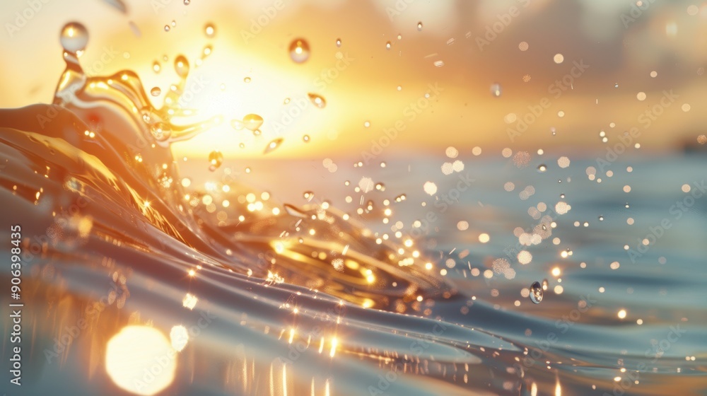 Poster a captivating rendering of waves splashing under a golden sunset, with warm tones and shimmering dro