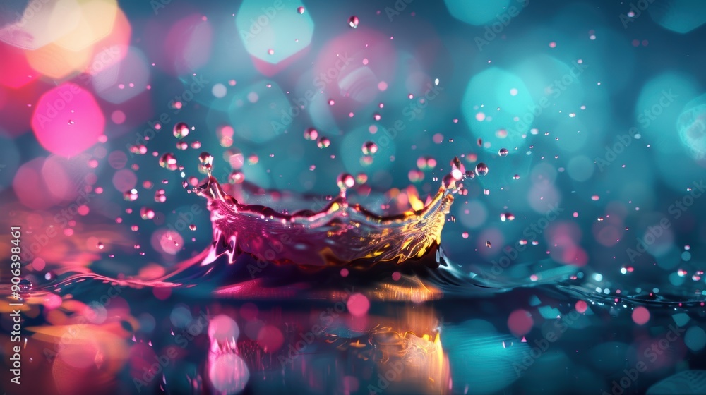 Poster a mesmerizing illustration of water splashes illuminated by a prism of light, creating a spectrum of