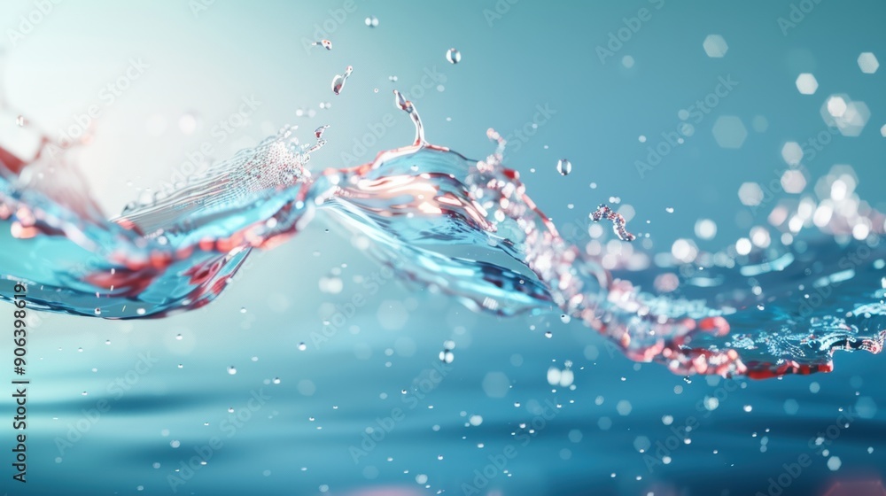 Poster an artistic rendering of liquid in motion, featuring high-speed water splashes and fluid arcs that c