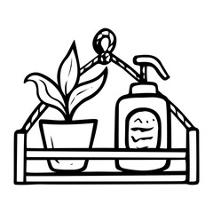 Bathroom shelf with soap and decorations hand drawn doodle. Shower and laundry room. Home interior design. Vector outline line art illustration.