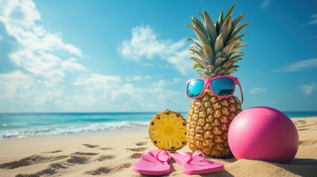 Tropical Fun in the Sun: Pineapple, Beach Ball, and Pink Flip-Flops on Sandy Beach with Sunny Sky, Summer Playful Vibes