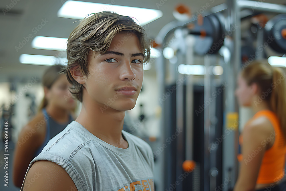 Aufkleber gym scene with individuals focusing on strength training exercises using weights and resistance mach