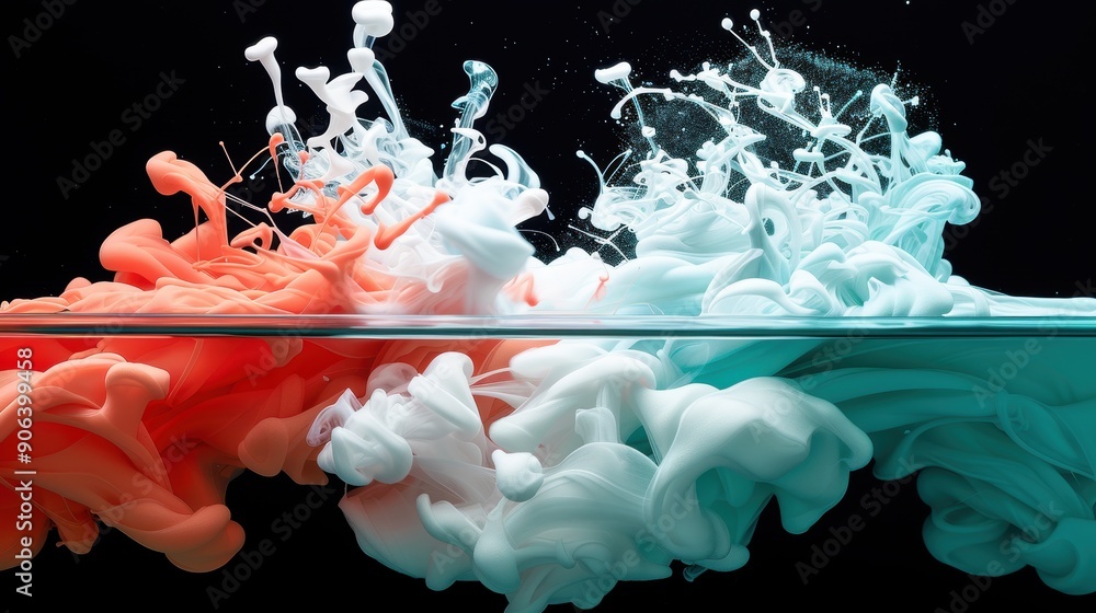 Poster high-speed photography capturing fluid dynamics of paint and ink swirling in water, creating dynamic