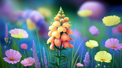 Fototapeta premium Vibrant snapdragon flowers in a minimalist garden setting with a soft, blurred background, perfect for home decor themes and botanical aesthetics. 
