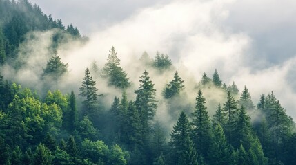 Misty Forest with Tall Pine Trees