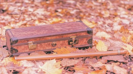 Wooden Flute and Ornate Case Resting on Colorful Autumn Leaves