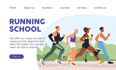 Running school, website template. Active people jogging in park, outdoor cardio exercise, web site design. Sports activity, landing page layout with runners, joggers. Flat vector illustration