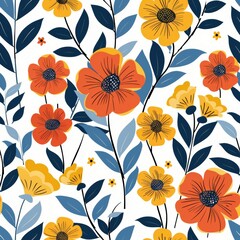 Seamless pattern with colorful flowers and leaves. Floral background.
