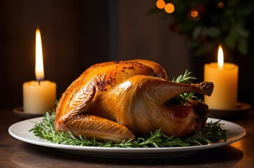 A beautiful close up photo of a roasted turkey on a white platter garnished with oranges and herbs. Warm blurry cozy background with candlelight. Thanksgiving Christmas meal food photography.