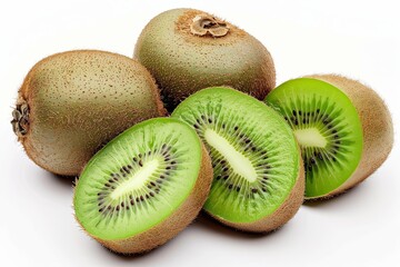 Obraz premium Freshly cut kiwi fruit slices displayed among whole kiwi fruits on a clean surface