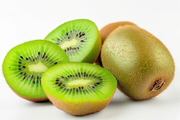 Fototapeta premium Freshly cut kiwi fruits displaying bright green flesh and textured skin against a white background
