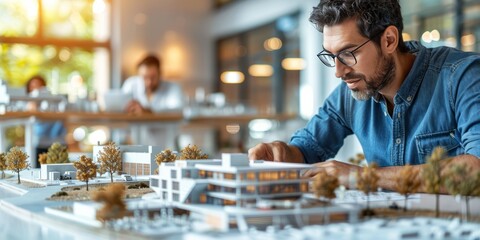 Architect working on a detailed architectural model of a modern building in a bright office