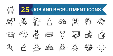 Job and Recruitment icons in line style. Career, resume, candidate, job hiring, collection. Vector illustration.