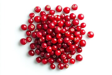 Freshly harvested red berries displayed on a white background under natural light