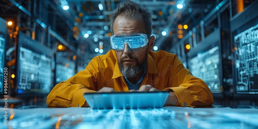 Poster engineer wearing augmented reality glasses analyzing digital blueprints in a high-tech control room