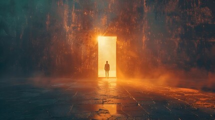 Fototapeta premium Silhouetted Figure Standing in Luminous Doorway Symbolizing Hope and New Opportunities