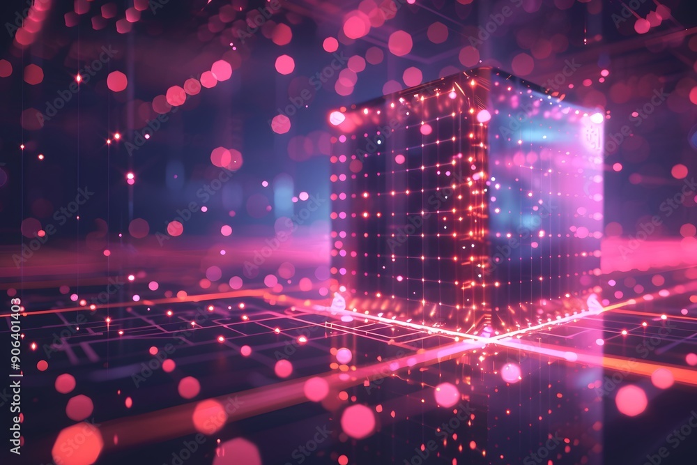 Aufkleber futuristic digital cube surrounded by glowing particles in a high-tech environment
