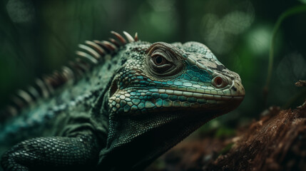 Obraz premium A macro shot of a green iguana. Completely green background