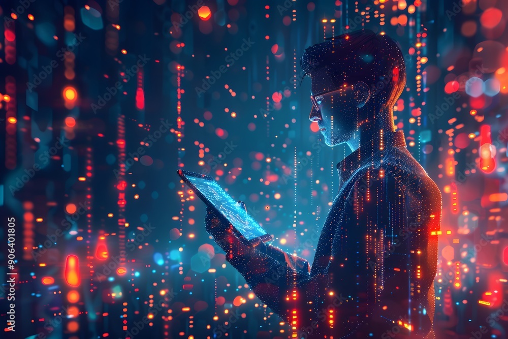 Poster exploring the digital realm: a futuristic vision of technology and data interaction
