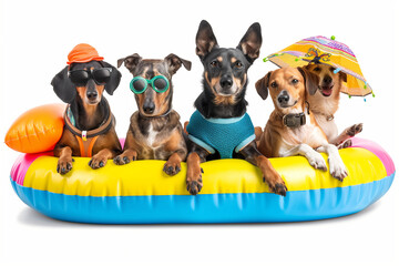 Banner five pets dogs going on summer vacations, dachshund resting on beach chair ans pointer and jack russell inside a inflatable. Isolated on white background