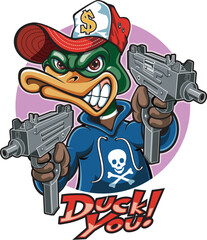 Cartoon style gangster mallard duck pointing machine  guns