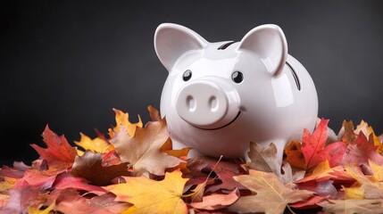Smiling Piggy Bank Surrounded by Colorful Autumn Leaves on Dark Background