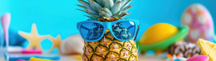 Obraz premium Cool Pineapple in Blue Shades Enjoying Beach Life with Sunny Beach Background