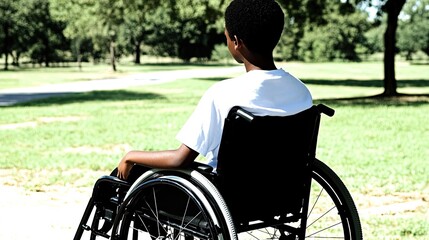 A Young Person in a Wheelchair Enjoying a Peaceful Park Day Under Clear Blue Skies
