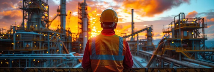 Industrial Worker Silhouette Against Sunset at Refinery