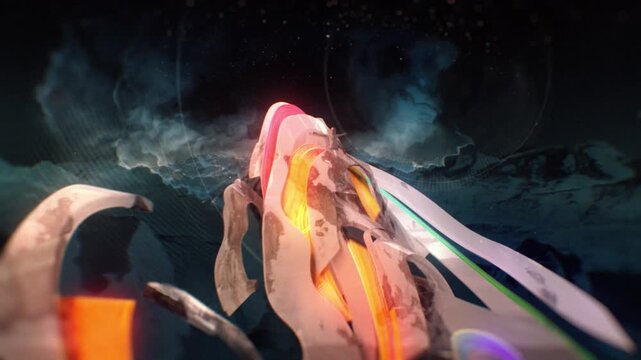 A man spreads his arms atop a hill, which morphs into a vibrant, dreamlike environment with colorful strokes moving dynamically around the mountain as the camera moves backward. Ethereal effect.
