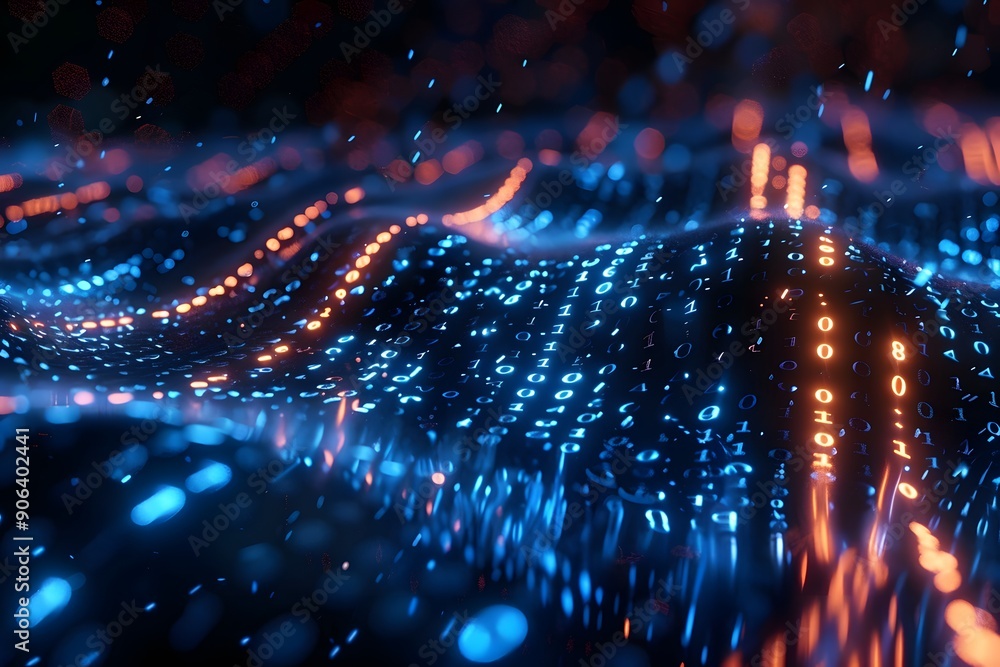 Poster abstract digital landscape with flowing binary code and glowing particles