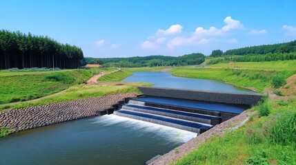 Picturesque Waterfall Flowing Into Calm River Surrounded by Lush Greenery in Daylight