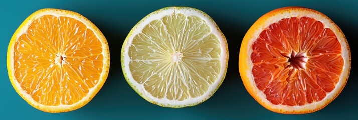 Obraz premium Freshly Cut Orange, Lemon, and Grapefruit Slices Vibrant Citrus Fruit