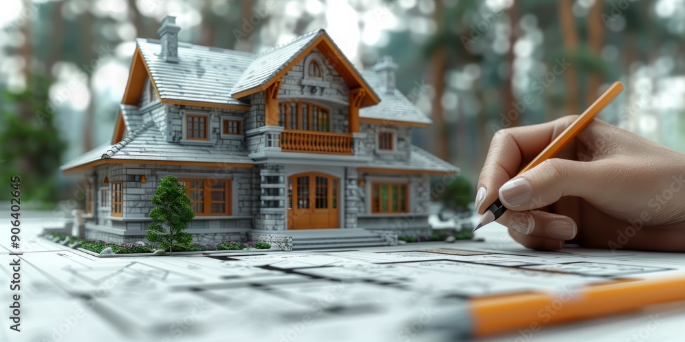 Poster architect designing a detailed house model on blueprints with a pencil in a forest setting