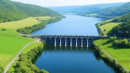 Fototapeta premium Stunning Aerial View of a Large Dam Overlooking a Serene River Valley