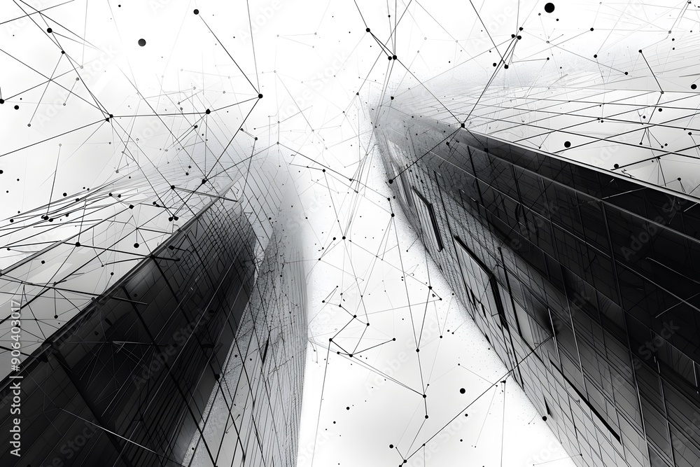 Aufkleber abstract view of skyscrapers with geometric connections in a monochrome setting
