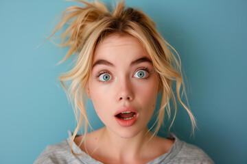 Naklejka premium Portrait of young blonde woman showing cute surprised expression