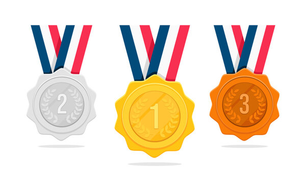 Awards medals flat design. Gold, silver, bronze medals with ribbon. Sports medals of competitions