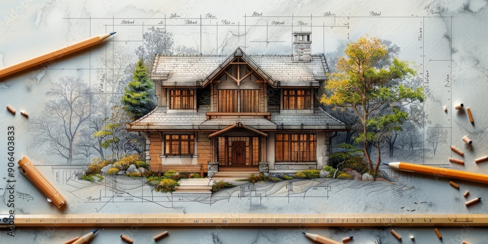 Poster architectural sketch of a house blending into a detailed rendering with pencils and ruler on a drawi