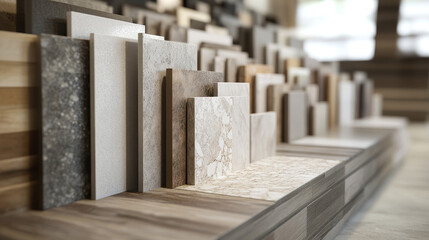Kitchen and bathroom tiles showcased in a showroom, featuring new tiling options for floors and walls. This display highlights innovative designs and materials for home building improvement projects.