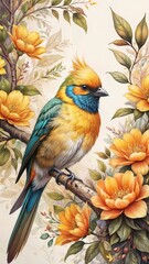 Wall paper, phone case. A stunningly vibrant and enchanting bird and colorful flowers