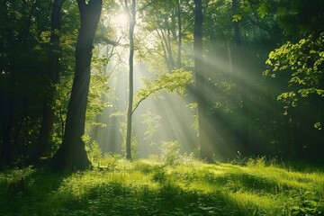 Obraz premium Beautiful sunny morning in green forest, Generative AI 
