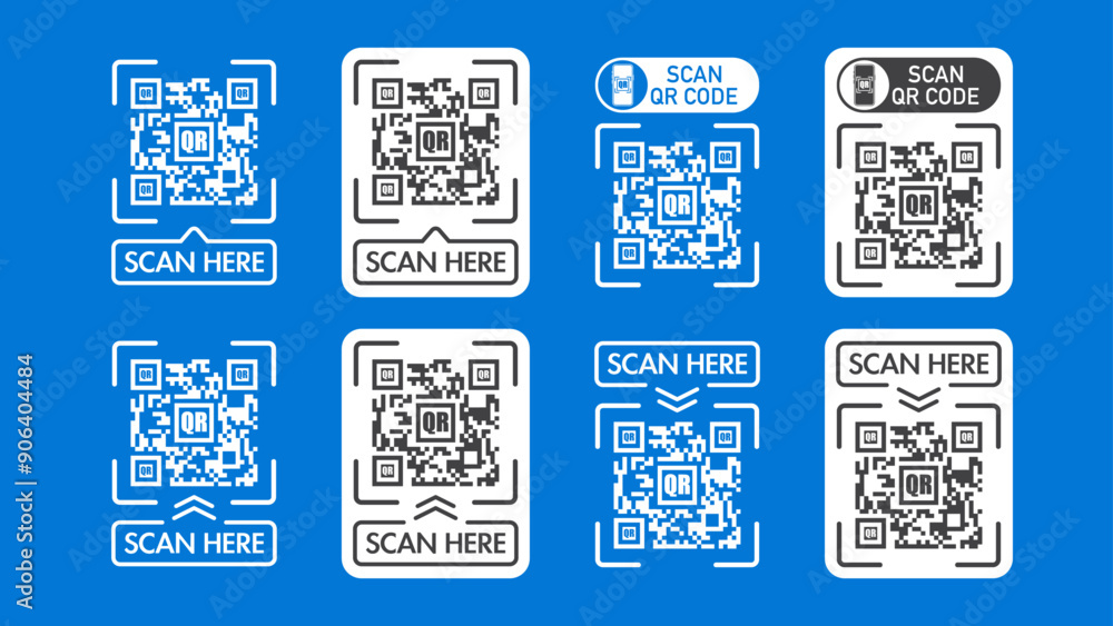 Poster qr code scan icons and stickers for mobile payments, apps, and identification. smartphone qr code sc