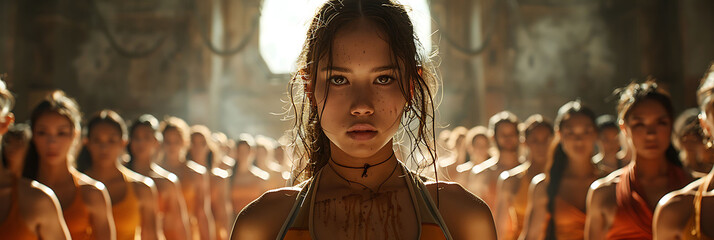 Group fitness class in a dystopian world where participants are training for survival highlighting the importance of fitness in a harsh environment