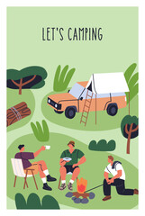 Naklejka premium Camping poster with friends by bonfire at campsite. Summer holiday campground with tent, campfire and car. Campers relaxing by fire outdoors in nature on vacation, card. Flat vector illustration