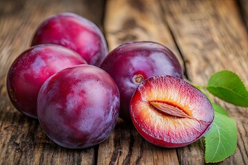 Freshly picked plums displayed on rustic wooden table with green leaves