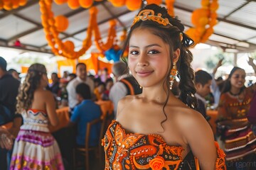 Hispanic girl celebrating her quincea&ntilde;era in a vibrant, festive environment, surrounded by family and friends, wearing a beautiful traditional dress