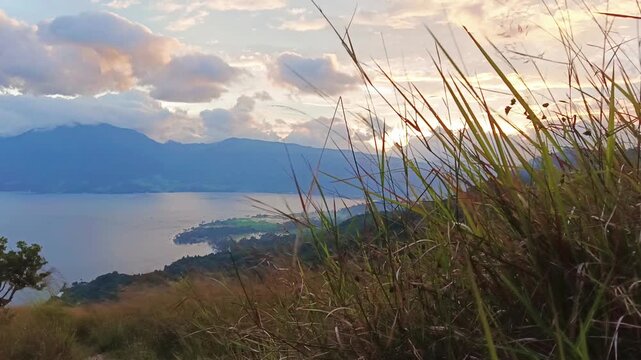 video of swaying grass above Lake Singkarak from the peak of Aua Sarumpun, West Sumatra