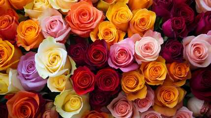 Fototapeta premium Colorful rose bouquets for sale, featuring a vibrant mix of multicolored roses arranged beautifully, perfect for gifts or decoration.